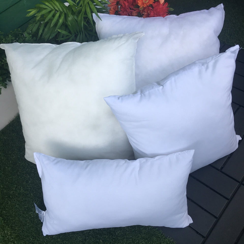 Image of decorative throw pillow insert set of sizes 12"X20", 18"X18" and 20'X20". All pillow inserts are mild, mildew and water resistant