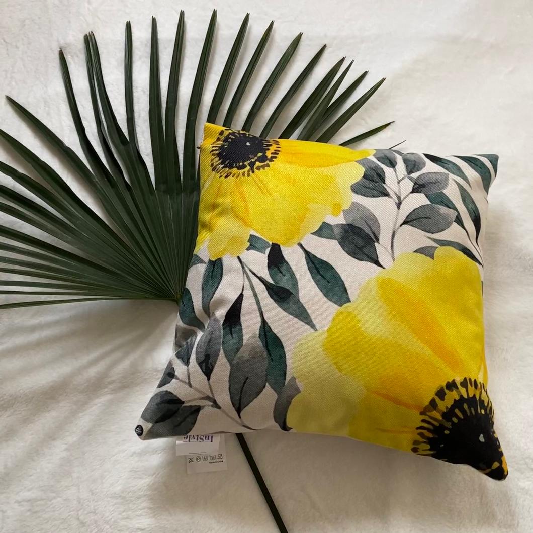 Our Sunshine Collection of Water-Resistant Outdoor Throw Pillowcase with 3D prints of big and bold sunflowers on an off-white background. Just Beautiful!