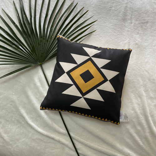 A very traditional Tribal art with clean geometric line in white and yellow on a black background and white and yellow border on 2-sides. A beautiful collection to enhance your space.