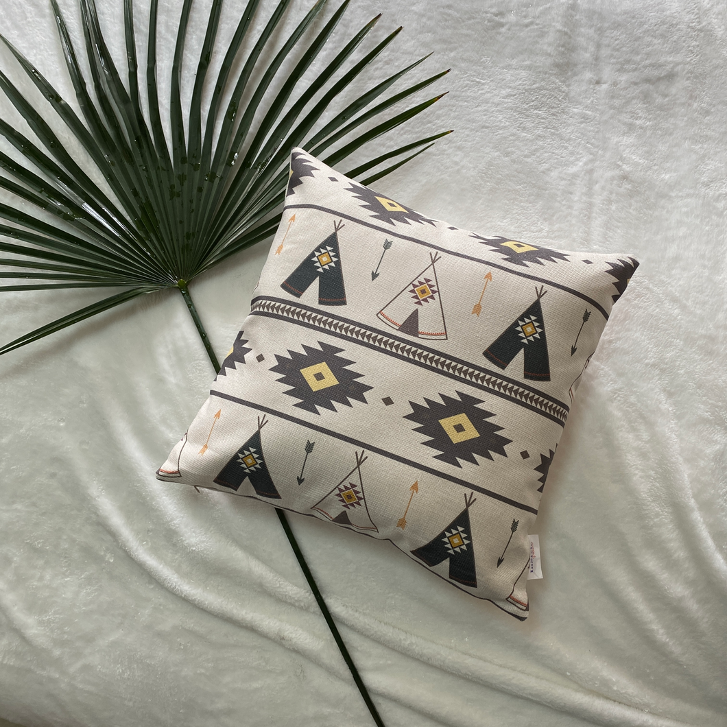 This traditional Tribal art depicts beautiful multiple geometric prints consisting of line drawings of a teepee, and other geometric images on an off-white background. Absolutely stunning and a must have for your space.