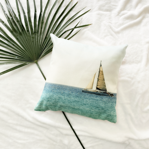 The 3D images on this linen pillowcase is of a sail boat sailing in the beautiful turquoise ocean against the backdrop of the the blue sky