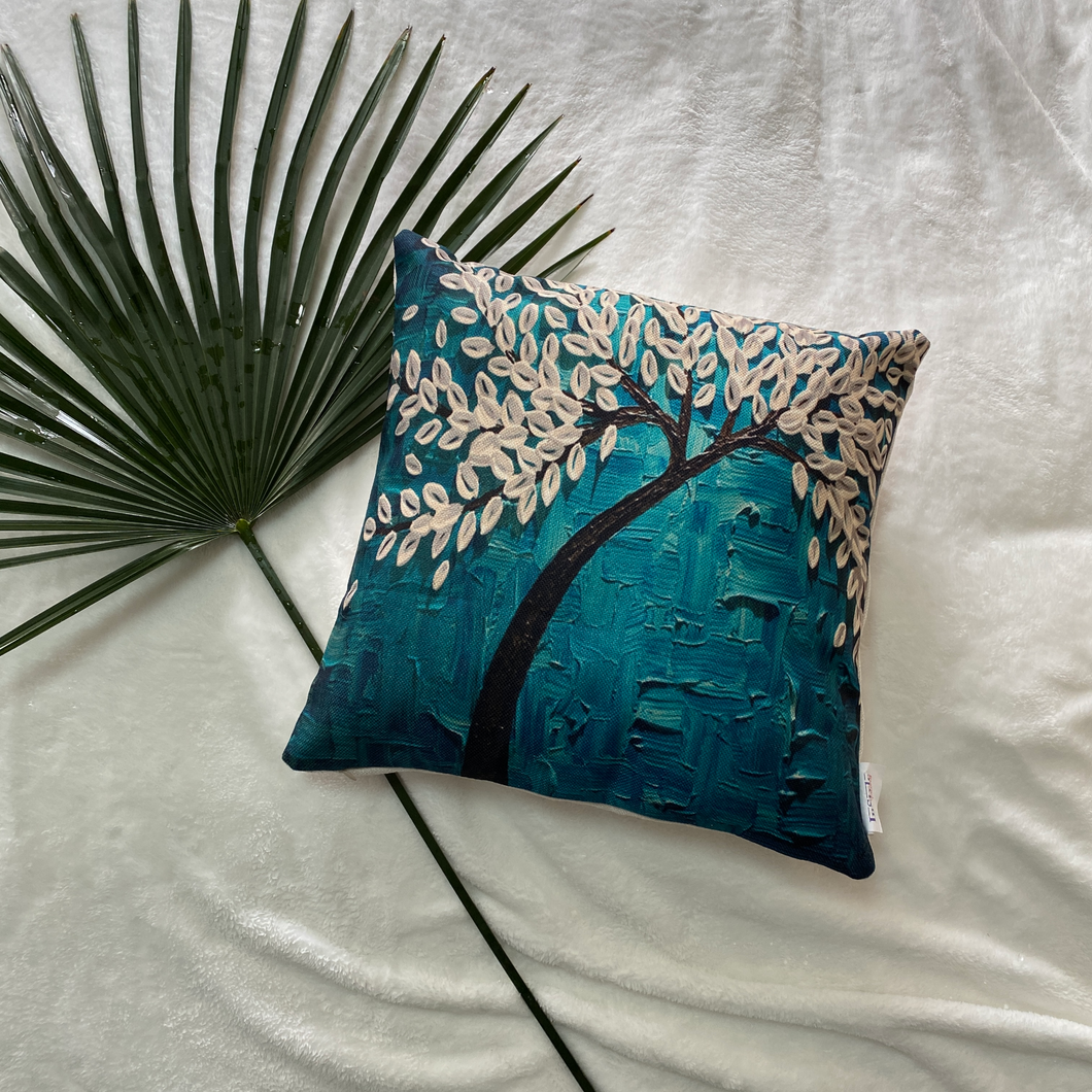 The image on this lifelike Floral 3D print is a painted image of a tree with white leaves on a beautiful shade of blue and turquoise background- Truly lifelike and stunning!
