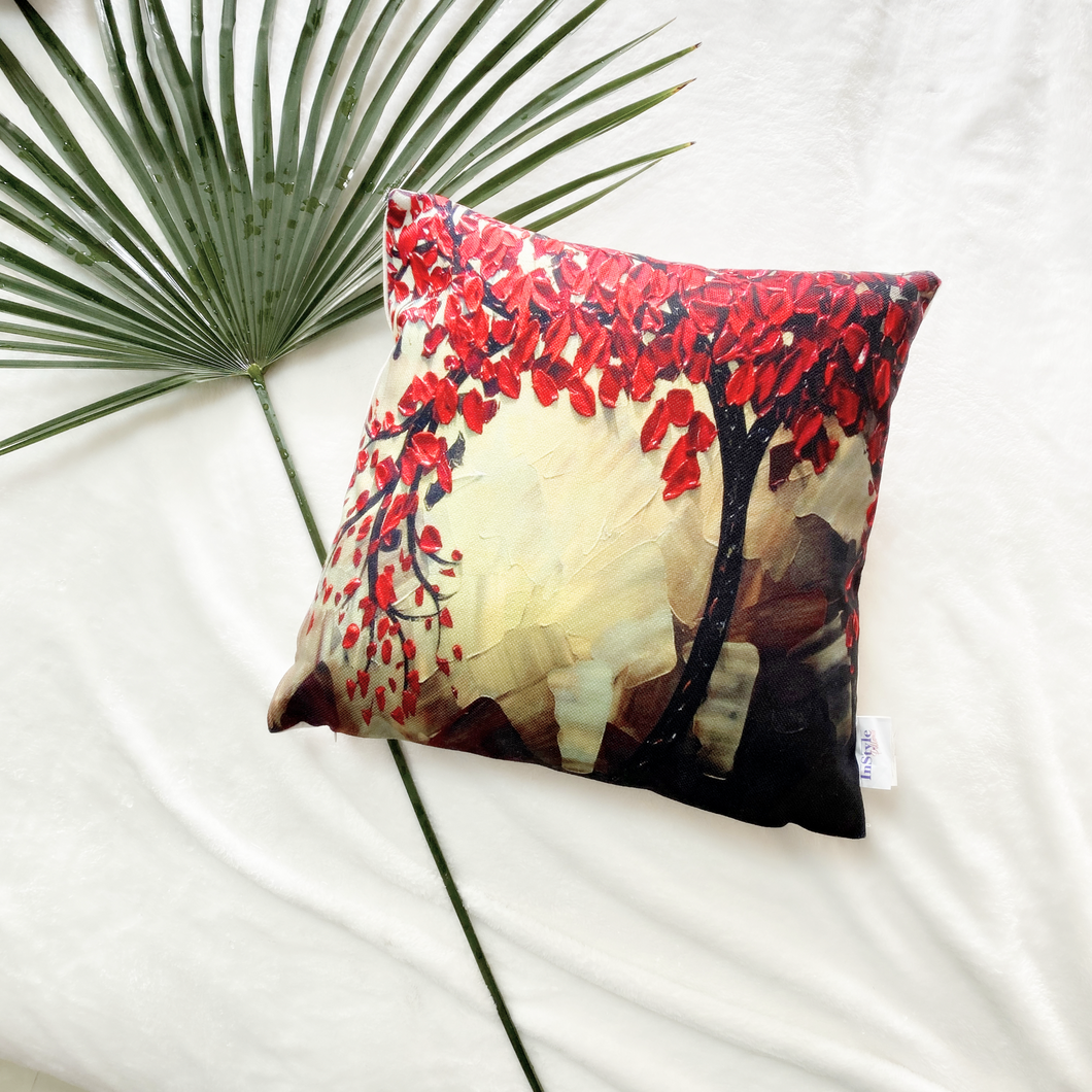 This linen pillowcase in 3D print of a painted lifelike image of a tree with red leaves on a very earthy background. A beautiful collection to enhance the decor of your space. 