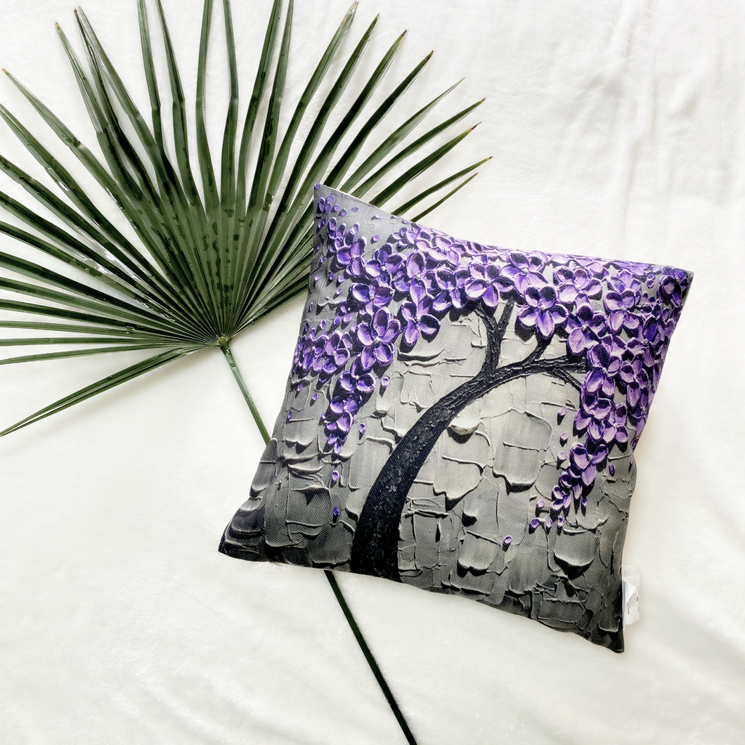 The image on this lifelike Floral 3D print is a painted image of a tree with purple flowers on a grey background- Truly lifelike and stunning!